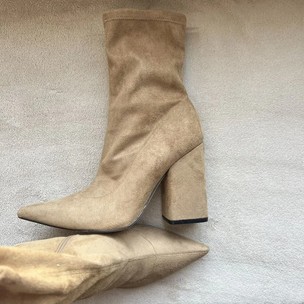 Marc Fisher LTD Larry Sock Ankle Boot Women 9 M Tan Faux Suede Pointed Toe Block